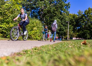 Bicyclists on campus bike path