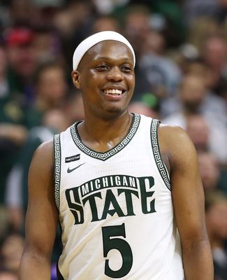 Cassius Winston smiling on the court 