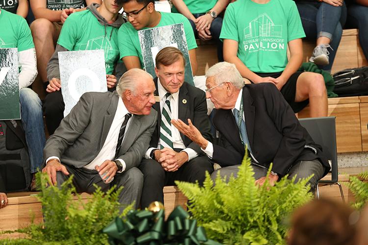 MSU alumni Eli Broad (left), Edward Minskoff (right) and President Samuel L. Stanley Jr., M.D (center)