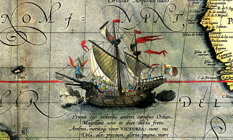 Detail from a map of Ortelius portraying Magellan's ship, Victoria